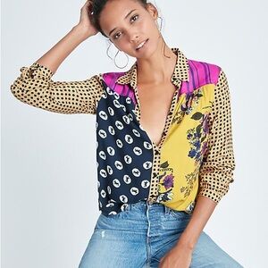 Maeve Fern Buttondo, Shirt Long Sleeve Floral Colorful Patchwork, Size M